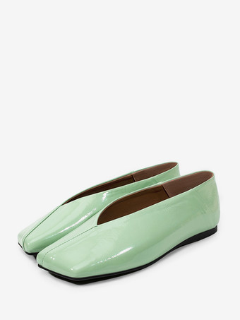 グリーン レディース バレエフラット スクエアトゥ スリッポン フラットシューズ