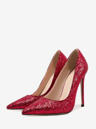 ダークレッドレディース ハイヒール ポインテッドトゥ スリッポン パンプス ドレスシューズ