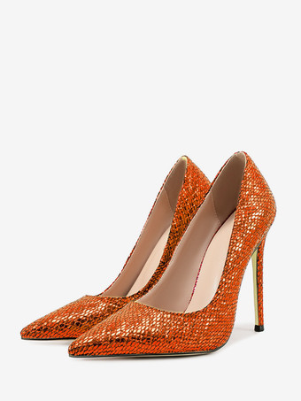 オレンジレディース ハイヒール ポインテッドトゥ スリッポン パンプス ドレスシューズ