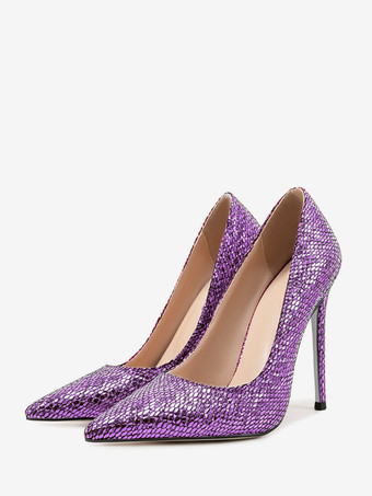 パープル レディース ハイヒール ポインテッドトゥ スリッポン パンプス ドレスシューズ