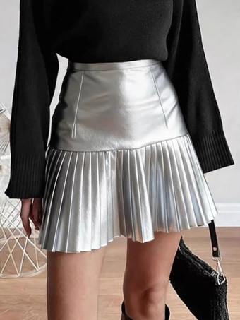 シルバー ハイウエスト フェイクレザー アコーディオンプリーツ フレアミニスカート レディース 2026
