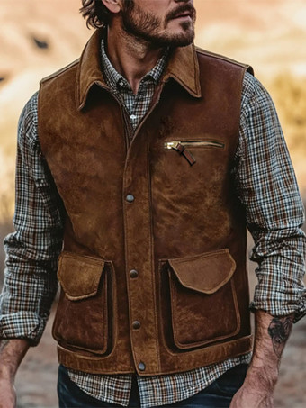 ブラウン メンズ ヴィンテージ カジュアル マルチポケット アウトドア モーターサイクルベスト ラペルカラー付き