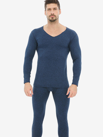 ダークネイビーユニセックス 下着セット フリース裏地 スリムフィット Vネック シームレス 上下