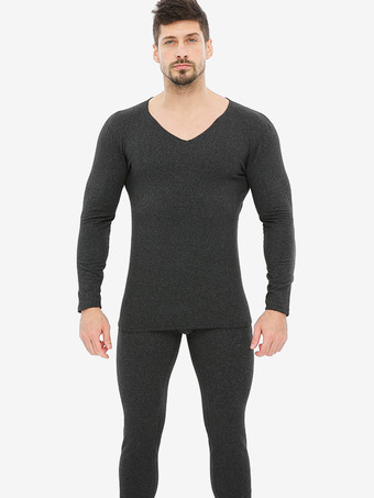 ダークグレー ユニセックス 下着セット フリース裏地 スリムフィット Vネック シームレス 上下