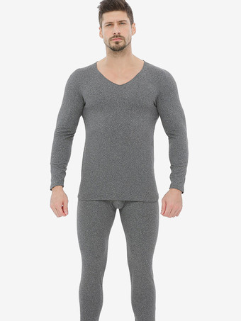 ライトグレー ユニセックス 下着セット フリース裏地 スリムフィット Vネック シームレス 上下