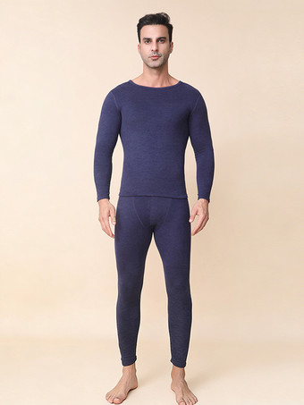 ダークネイビーメンズ カシミア マルベリーシルク サーマルアンダーウェアセット 肌に優しく通気性と保温性に優れたロングジョンズ