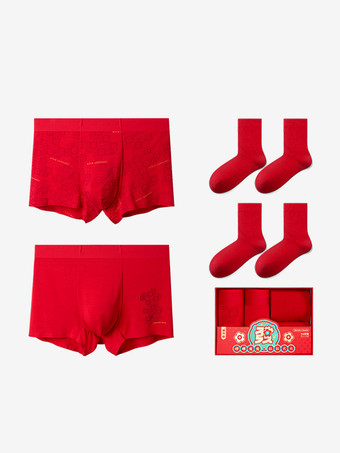 Conjunto de ropa interior y calcetines rojos para hombre sin costuras de tiro medio para el año de nacimiento.
