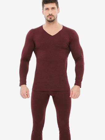 ワインレッド ユニセックス 下着セット フリース裏地 スリムフィット Vネック シームレス 上下