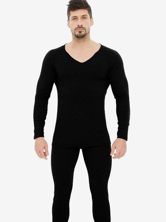 ブラック ユニセックス 下着セット フリース裏地 スリムフィット Vネック シームレス 上下