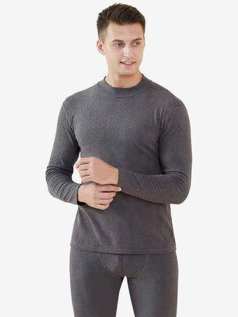 ライトグレー メンズ ミッドハイネック アンダーウェア セット フリース裏地 スリムフィット 暖かいベースレイヤー 上下