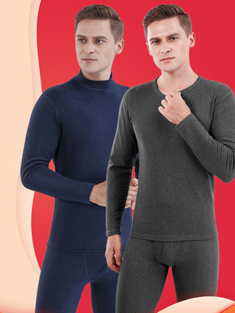 メンズ ミッドハイネック アンダーウェア セット フリース裏地 スリムフィット 暖かいベースレイヤー 上下