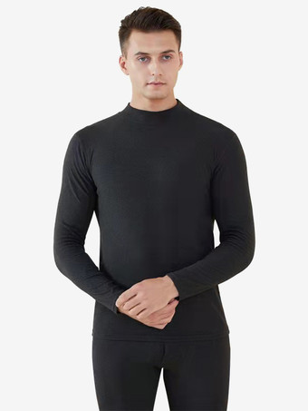 ダークグレー メンズ ミッドハイネック アンダーウェア セット フリース裏地 スリムフィット 暖かいベースレイヤー 上下