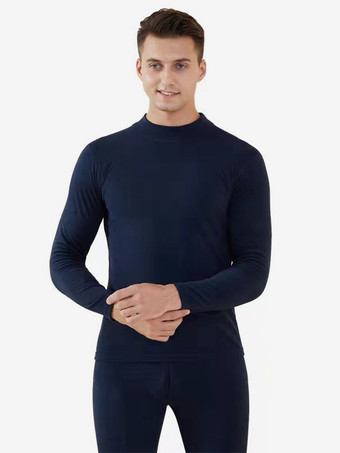 ダークネイビーメンズ ミッドハイネック アンダーウェア セット フリース裏地 スリムフィット 暖かいベースレイヤー 上下