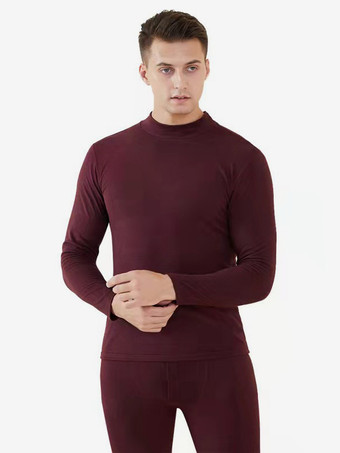 ワインレッド メンズ ミッドハイネック アンダーウェア セット フリース裏地 スリムフィット 暖かいベースレイヤー 上下