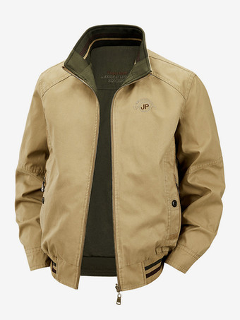 カーキ メンズコットンジャケット スタンドカラー カジュアル ワークウェア 耐久性 マルチポケット アウターウェア