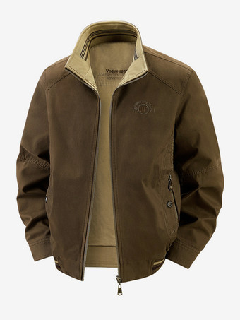 ブラウン メンズコットンジャケット スタンドカラー カジュアル ワークウェア 耐久性 マルチポケット アウターウェア