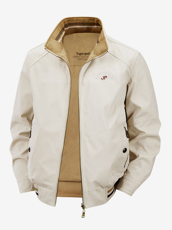 アイボリー メンズコットンジャケット スタンドカラー カジュアル ワークウェア 耐久性 マルチポケット アウターウェア