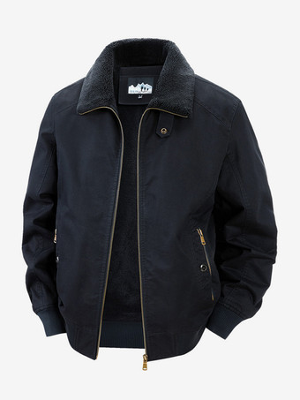 ダークネイビーメンズ コットンジャケット ラムフリース 冬 ゆったり フィット プラスサイズ ミドルエイジ 暖かい カジュアル レトロコート