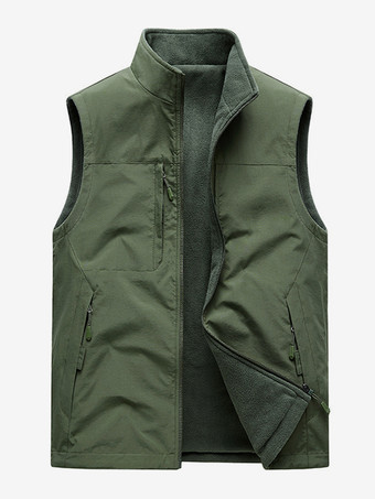 ハンターグリーン メンズベスト スタンドカラー ノースリーブジャケット フリース裏地ベスト