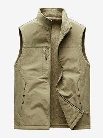 カーキ メンズベスト スタンドカラー ノースリーブジャケット フリース裏地ベスト