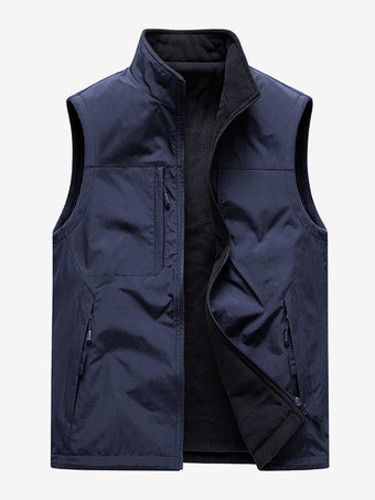 ディープブルーメンズベスト スタンドカラー ノースリーブジャケット フリース裏地ベスト