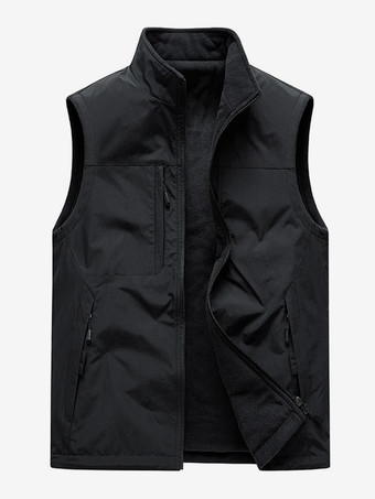 ブラック メンズベスト スタンドカラー ノースリーブジャケット フリース裏地ベスト