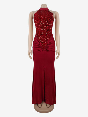 Paillettenbesetztes langes Abendkleid mit Neckholder geraffter Taille und hohem Schlitz für Damen (2026)
