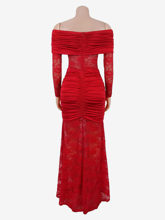 オフショルダー ルーシュ レース シアーパネル スリムフィット フィッシュテール ロングガウン レディース 2026