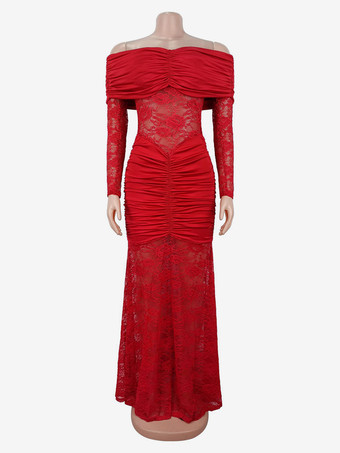 オフショルダー ルーシュ レース シアーパネル スリムフィット フィッシュテール ロングガウン レディース 2026