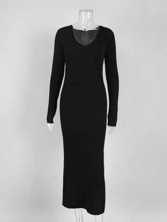 リブニット Vネック スリムフィット 長袖 ボディコン マキシ丈 セータードレス レディース 2026