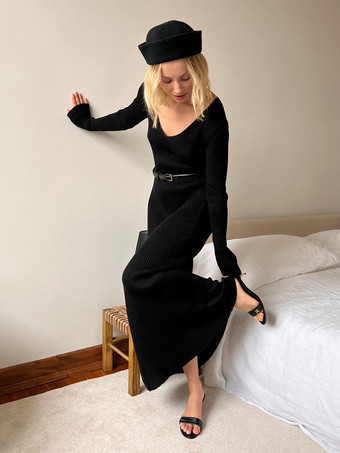 リブニット Vネック スリムフィット 長袖 ボディコン マキシ丈 セータードレス レディース 2026