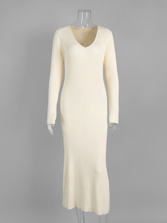 リブニット Vネック スリムフィット 長袖 ボディコン マキシ丈 セータードレス レディース 2026