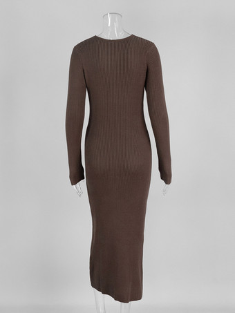 リブニット Vネック スリムフィット 長袖 ボディコン マキシ丈 セータードレス レディース 2026