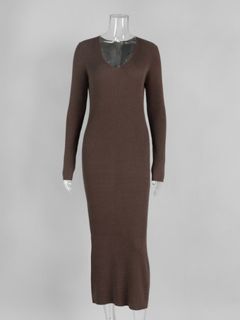 リブニット Vネック スリムフィット 長袖 ボディコン マキシ丈 セータードレス レディース 2026