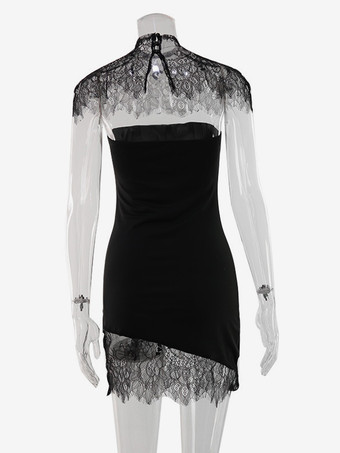 レースパッチワーク ハイネック ノースリーブ ボディコン ミニドレス（ブラック、レディース 2026）