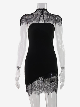 レースパッチワーク ハイネック ノースリーブ ボディコン ミニドレス（ブラック、レディース 2026）