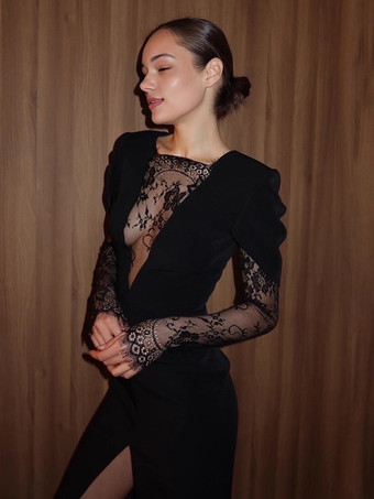 レースパッチワーク ディープVネック ハイスリット ボディコン ミディドレス レディース 2026