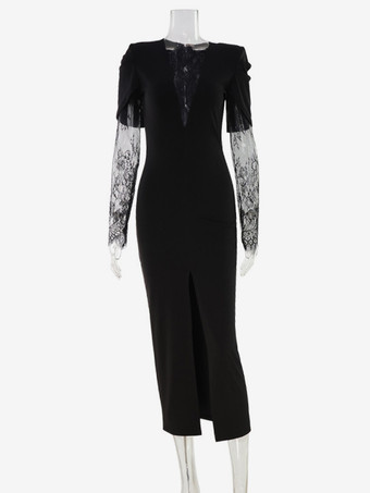 レースパッチワーク ディープVネック ハイスリット ボディコン ミディドレス レディース 2026