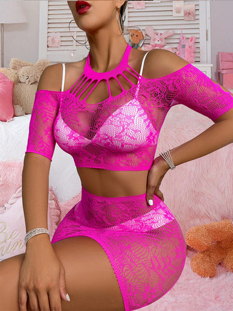 パジャマセット ブラック デート ナイロン 2ピース シースルー フィッシュネット メッシュランジェリー