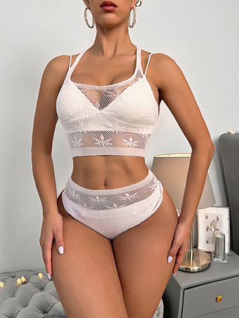 Set di lingerie bianca da 2 pezzi con reggiseno e slip in rete trasparente