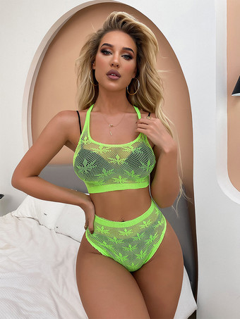 VerdeSet di lingerie bianca da 2 pezzi con reggiseno e slip in rete trasparente