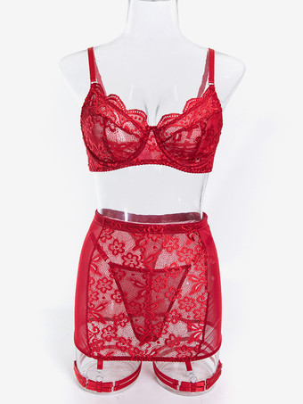 バレンタインデーのためのバーガンディランジェリーレース花柄ダークネイビーブラパンティガータースカート3ピースセット