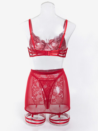 バレンタインデーのためのバーガンディランジェリーレース花柄ダークネイビーブラパンティガータースカート3ピースセット