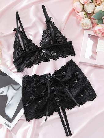 クロッチレス カップレス ランジェリー レース ブラック フローラル フロントタイ 2ピース ブラ ショーツ セット