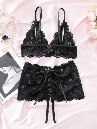 クロッチレス カップレス ランジェリー レース ブラック フローラル フロントタイ 2ピース ブラ ショーツ セット