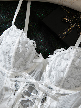 Set di 2 pezzi di lingerie da sposa in pizzo con fiocco bianco e corsetto e perizoma