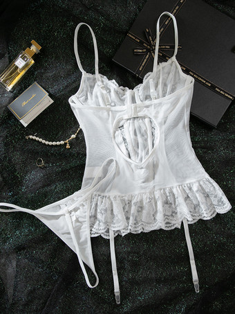 Set di 2 pezzi di lingerie da sposa in pizzo con fiocco bianco e corsetto e perizoma