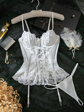Set di 2 pezzi di lingerie da sposa in pizzo con fiocco bianco e corsetto e perizoma
