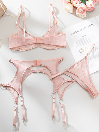 Conjunto de lencería de 3 piezas con sujetador y braguita transparente en rosa ruborizado y liguero