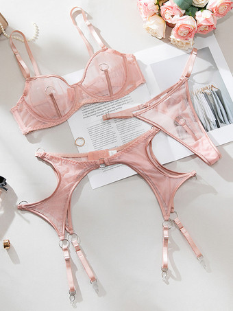 Conjunto de lencería de 3 piezas con sujetador y braguita transparente en rosa ruborizado y liguero